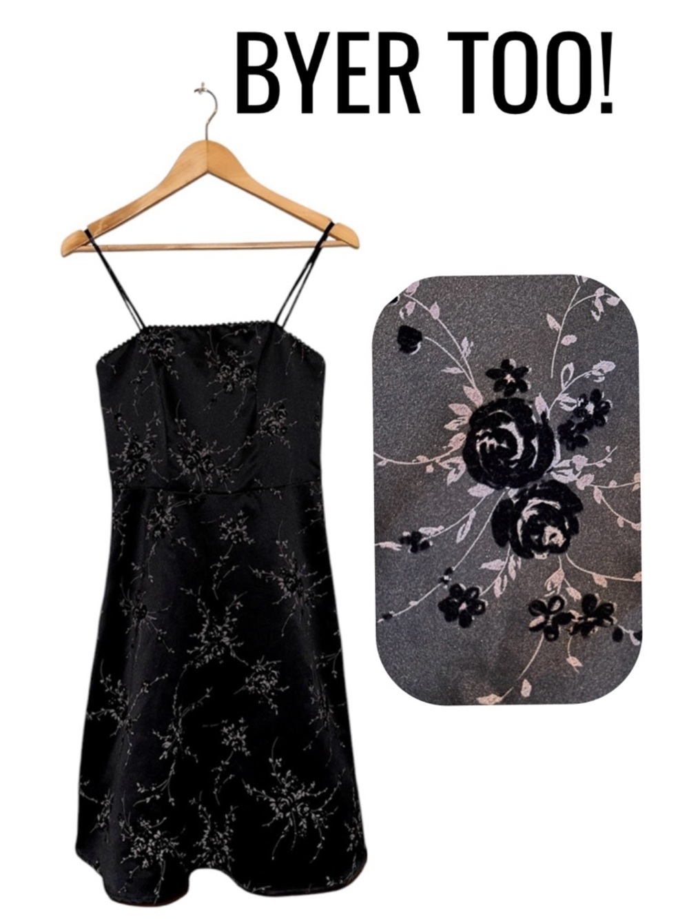 BYER TOO! Vintage Velvet-Floral Spaghetti Strap Tulle Lined Black Dress Junior 5